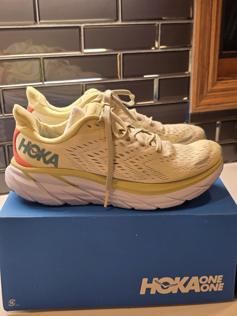 Hoka Clifton 8- Yellow Pear / Sweet Corn/ Orange Accent- Women's Size 7B